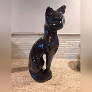 Vtg Mid Century Modern Ceramic Elegant Black Cat Figurine w/Green Eyes